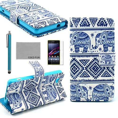 COCO FUN Blue Elephant Pattern PU Leather Case with Screen Protector and Stylus for Sony Xperia Z1 mini Compact D5503