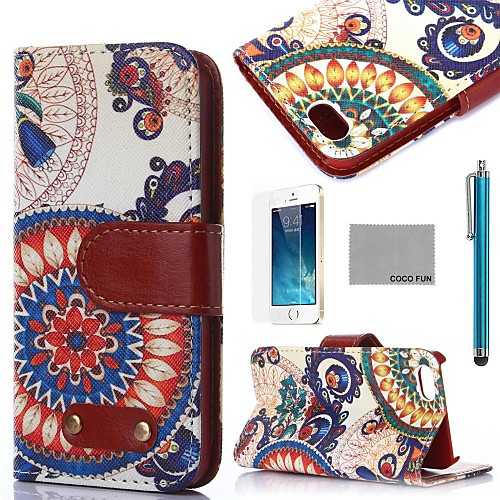 COCO FUN Retro Blue Flower Pattern PU Leather Full Body Case with Film, Stand and Stylus for iPhone 5/5S