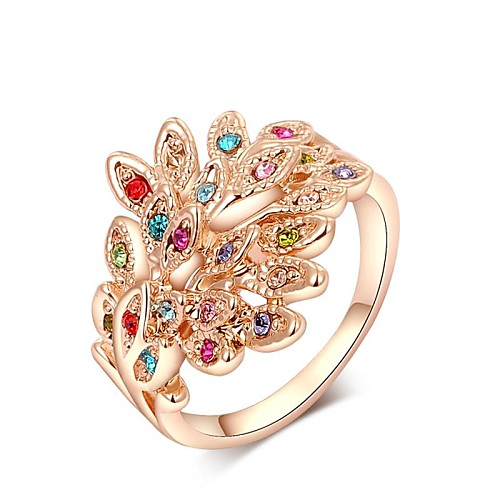 Colourful Small Pieces Simulated Diamond Austrian Crystals Rose/White Gold Plated Peacock Flaunting Its Tail Ring