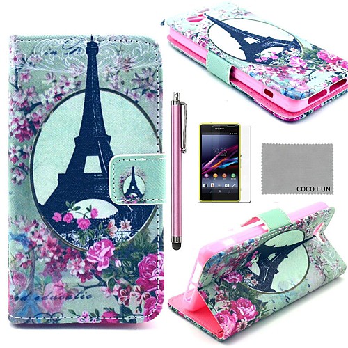 COCO FUN Rose Flower Eiffel Pattern PU Leather Case with Film and Stylus for Sony Xperia Z1 mini Compact D5503