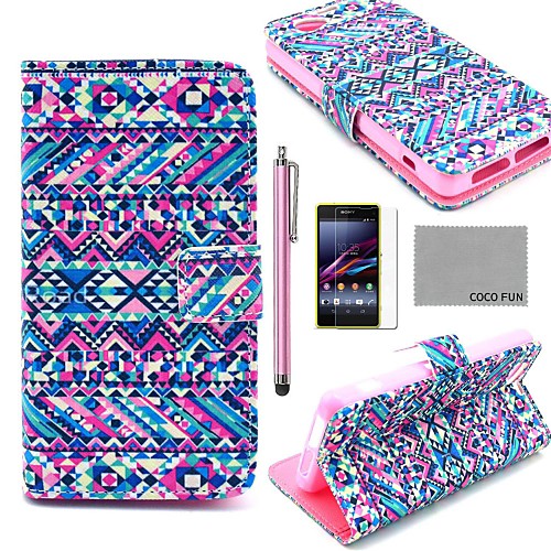 COCO FUN Purple Tribal Carpet Pattern PU Leather Case with Film and Stylus for Sony Xperia Z1 mini Compact D5503