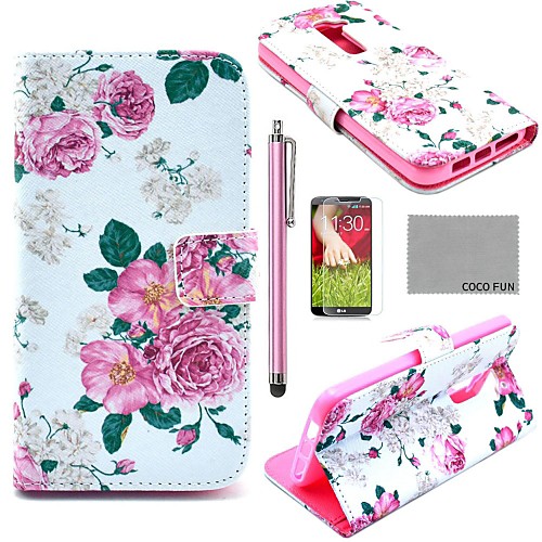 COCO FUN Rose Flower Pattern PU Leather Full Body Case with Screen Protector, Stylus and Stand for LG G2