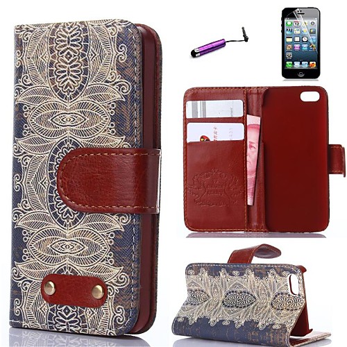 Retro Design Pattern PU Leather Full Body Cover with Card Stylus and Protective Slot for iPhone 5/5S