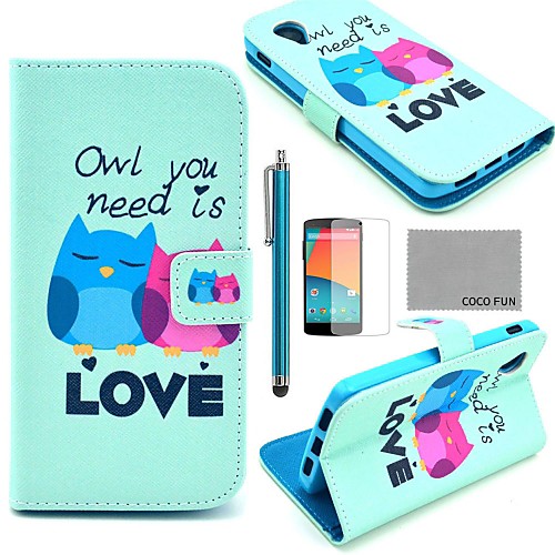 COCO FUN Fall in Love Owl Pattern PU Leather Case with Screen Protector, Stylus and Stand for LG Google Nexus 5