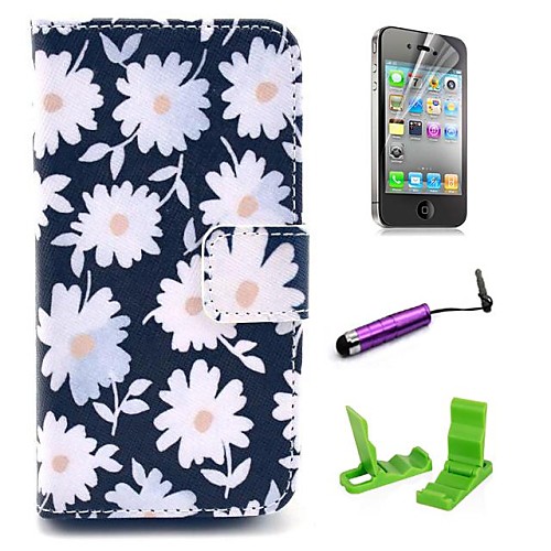 Daisies Pattern PU Leather Case with Screen Protector and Stylus for iPhone 4/4S