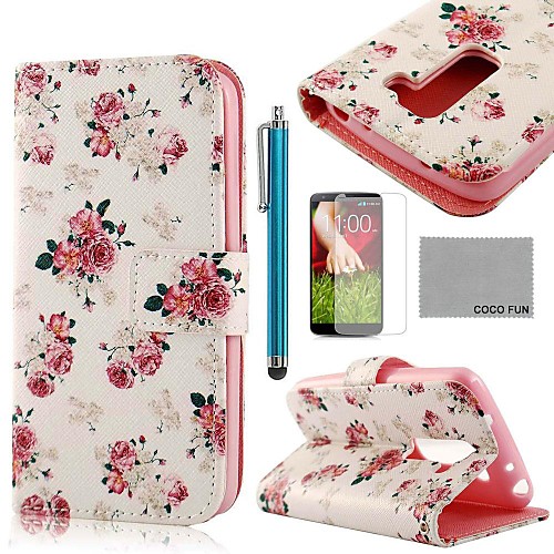 COCO FUN Rose Flower Pattern PU Leather Full Body Case with Screen Protector, Stylus and Stand for LG G2 MINI