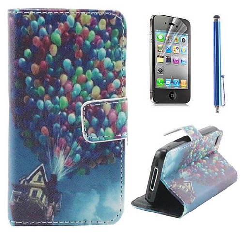 The Balloon Pattern PU Leather Full Body Cover with Protective Film and Stylus for iPhone 4/4S