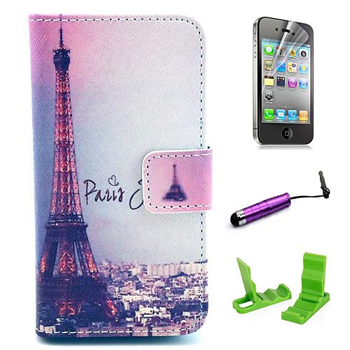 Signature Eiffel Tower Pattern PU Leather Case with Screen Protector and Stylus for iPhone 4/4S