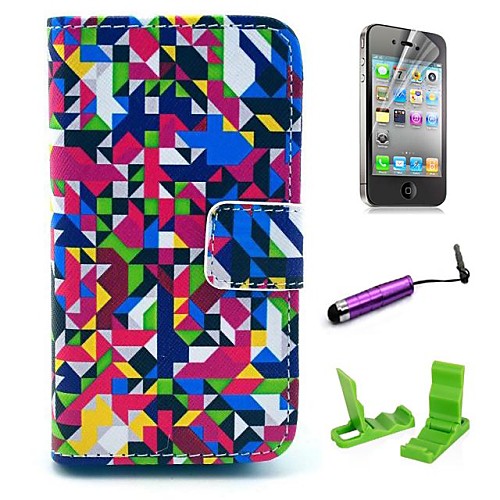 lorful Puzzle Fragment Pattern PU Leather Case with Screen Protector and Stylus for iPhone 4/4S