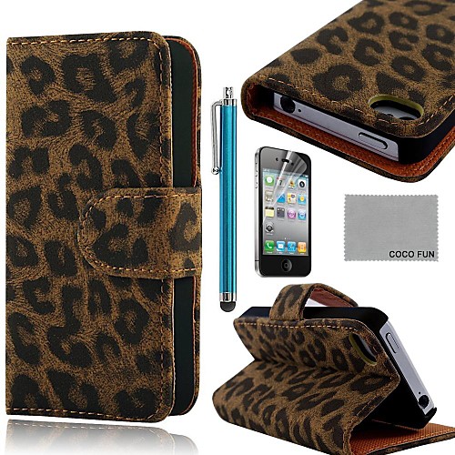 COCO FUN Black Leopard PU Leather Full Body Case with Screen Protector, Stand and Stylus for iPhone 4/4S