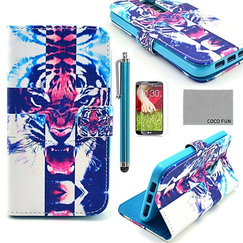 COCO FUN Fierce Tiger Pattern PU Leather Full Body Case with Screen Protector, Stylus and Stand for LG G2