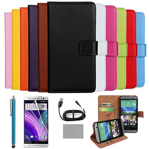 COCO FUN Luxury Ultra Slim Solid Color Genuine Leather Case with Screen Protector,Cable and Stylus for HTC One M8