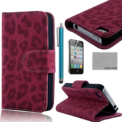 COCO FUN Rose Leopard PU Leather Full Body Case with Screen Protector, Stand and Stylus for iPhone 4/4S