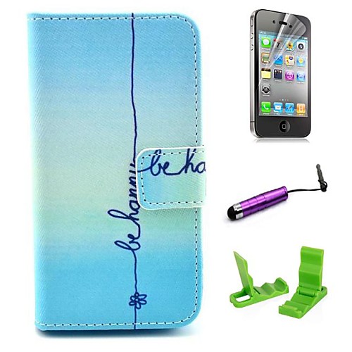 Be Happy Pattern PU Leather Case with Screen Protector and Stylus for iPhone 4/4S