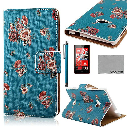 COCO FUN Flower Dark Blue Pattern PU Leather Full Body Case with Screen Protector and Stylus for Nokia Lumia N625