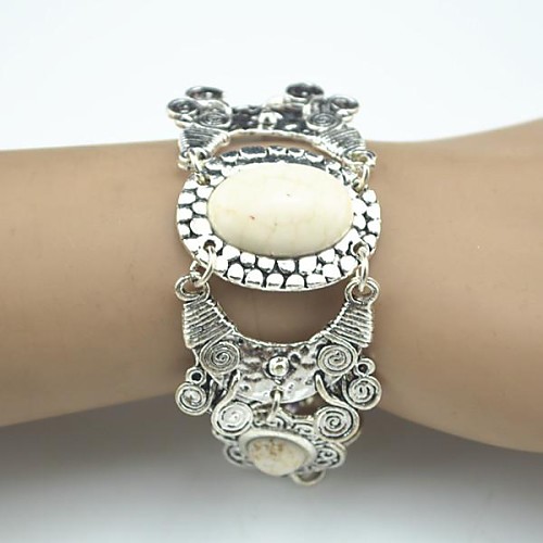 Toonykelly Vintage 18cm Women's Antique Silver Natural Beige Turquoise Stone Bracelet(1 Pc)