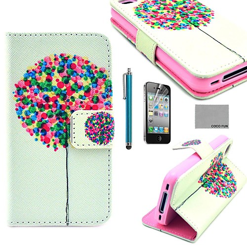 COCO FUN Balloon Tree Pattern PU Leather Full Body Case with Screen Protector, Stand and Stylus for iPhone 4/4S