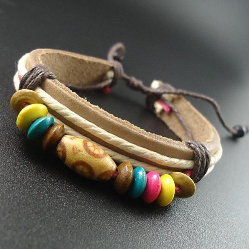 Bohima Style Wood Beads Rope Leather Bracelet