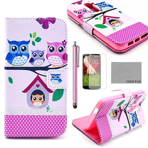 COCO FUN Lovely Owl Family Pattern PU Leather Full Body Case with Screen Protector, Stylus and Stand for LG G2