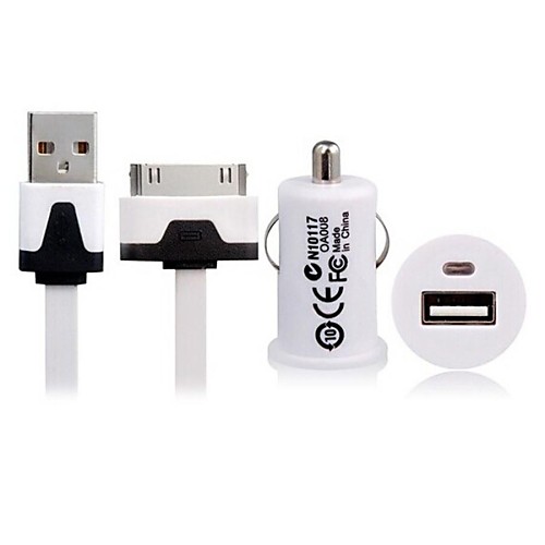 USB Автомобильное зарядное устройство и плоский кабель для iPhone 4 / 4s и других