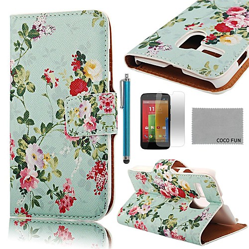 COCO FUN Flower Green Pattern PU Leather Full Body Case with Screen Protector, Stylus and Stand for Motorala Moto G