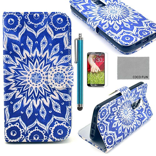 COCO FUN Blue Peacock Pattern PU Leather Full Body Case with Screen Protector, Stylus and Stand for LG G2