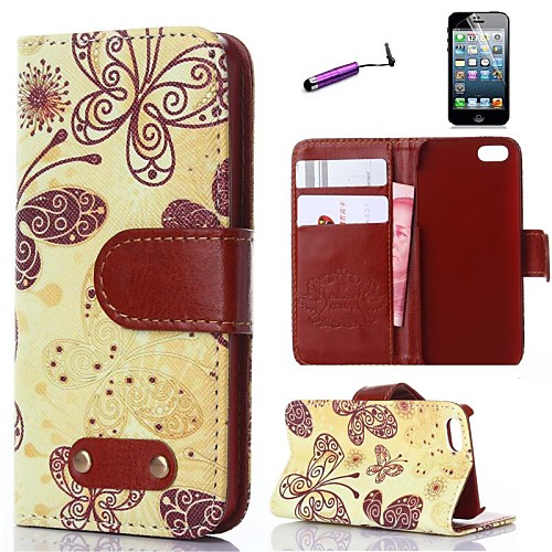 Retro Design Butterfly Pattern PU Leather Full Body Cover with Card Stylus and Protective Slot for iPhone 5/5S