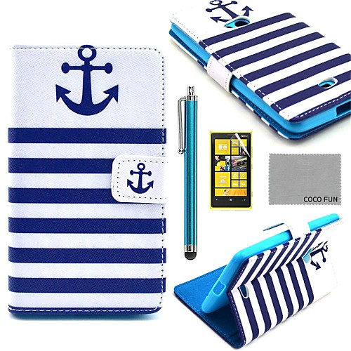 COCO FUN Navy Blue Anchor Pattern PU Leather Full Body Case with Screen Protector and Stylus for Nokia Lumia N625