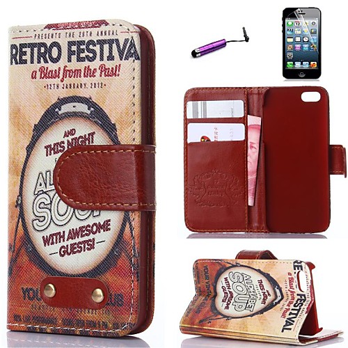 Retro Design Retro Festival Pattern PU Leather Full Body Cover with Card Stylus and Protective Slot for iPhone 5/5S