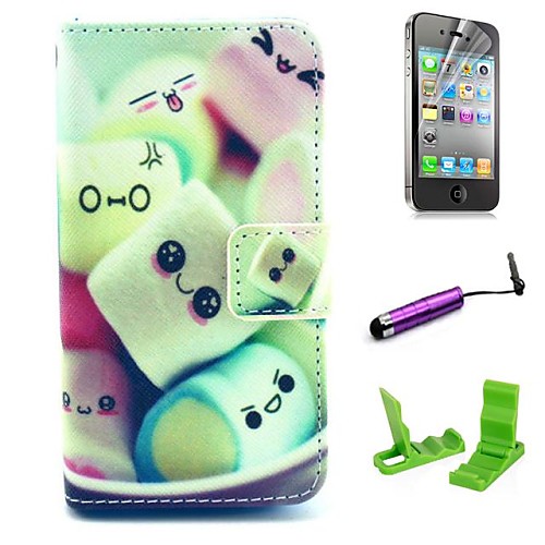 Cartoon Cotton Candy Pattern PU Leather Case with Screen Protector and Stylus for iPhone 4/4S