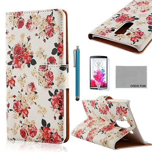 COCO FUN Rose White Pattern PU Leather Full Body Case with Screen Protector, Stylus and Stand for LG G3 D850