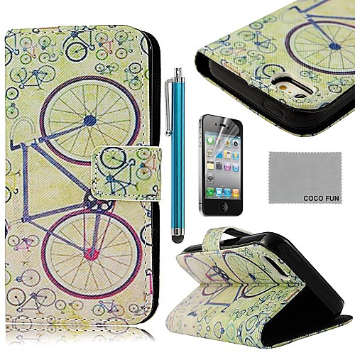 COCO FUN Bicycle PU Leather Full Body Case with Screen Protector, Stand and Stylus for iPhone 4/4S