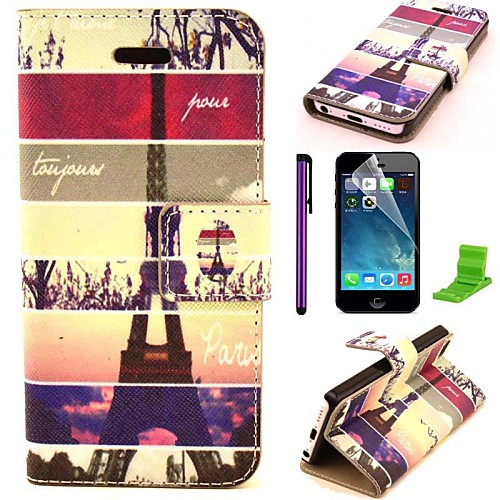 All Seasons Eiffel Tower Pattern PU Leather Case with Screen Protector and Stylus for iPhone 5C