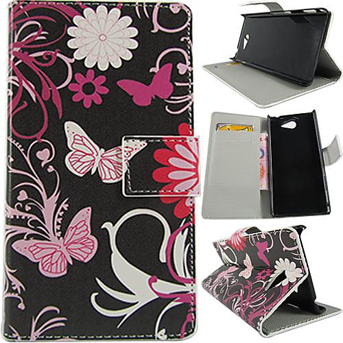 Wallet Style Butterfly Daisy PU Leather Full Body Cover with Stand and Card Slot for Sony Xperia M2/S50H