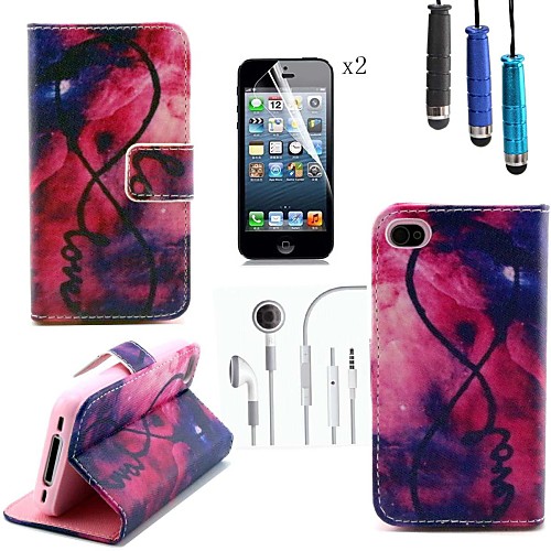 Flame Pattern PU Leather Cover with Card Slot with Touch Pen and Protective Film 2 Pcs and Headset for iPhone 4/4s