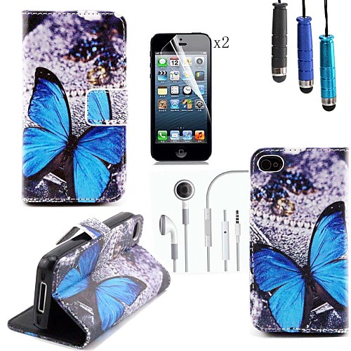 Butterfly Pattern PU Leather Cover with Card Slot with Touch Pen and Protective Film 2 Pcs and Headset for iPhone 4/4s