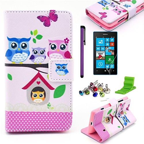 Owl Family Pattern PU Leather Case with Screen Protector,Stylus,Dust Plug and Stand for Nokia Lumia N520