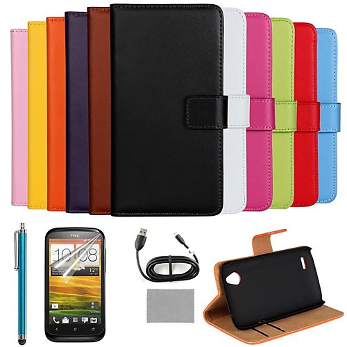 COCO FUN Luxury Ultra Slim Solid Color Genuine Leather Case with Film,Cable and Stylus for HTC Desire X T328e