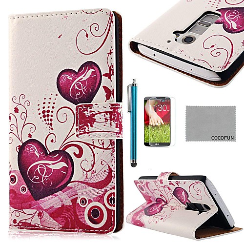 COCO FUN Purple Love Heart Silk Pattern PU Leather Full Body Case with Screen Protector, Stylus and Stand for LG G2