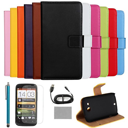 COCO FUN Luxury Ultra Slim Solid Color Genuine Leather Case with Screen Protector,Cable and Stylus for HTC Desire C