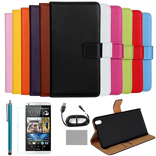 COCO FUN Luxury Ultra Slim Solid Color Genuine Leather Case with Screen Protector,Cable and Stylus for HTC Desire 816