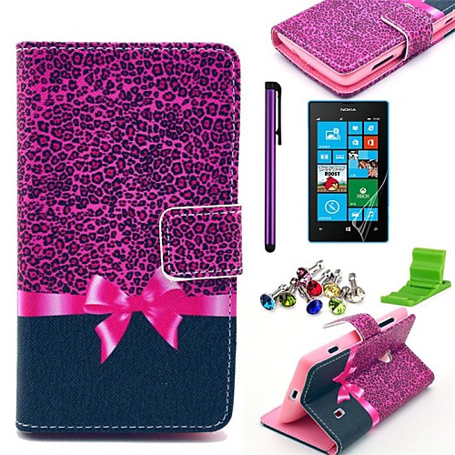 Leopard Bow Pattern PU Leather Case with Screen Protector,Stylus,Dust Plug and Stand for Nokia Lumia N520