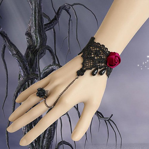 Lureme Vintage Style Red Rose Black Lace Bracelet