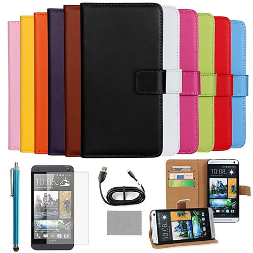 COCO FUN Luxury Ultra Slim Solid Color Genuine Leather Case with Screen Protector,Cable and Stylus for HTC One M7