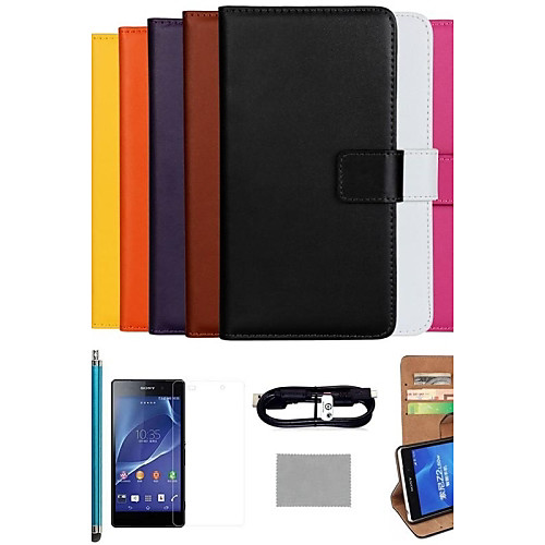 COCO FUN Ultra Slim Solid Color Genuine Leather Case with Film,Cable and Stylus for Sony Z2 L35W(Assorted Colors)