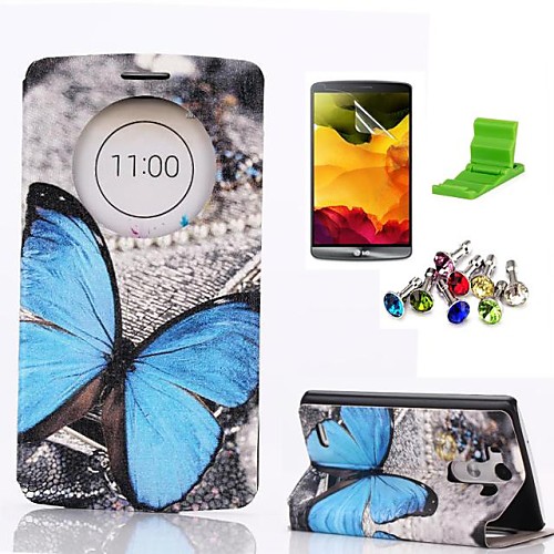 Blue Butterly Pattern PU Leather Case with Screen Protector,Stand and Dust Plug for LG G3