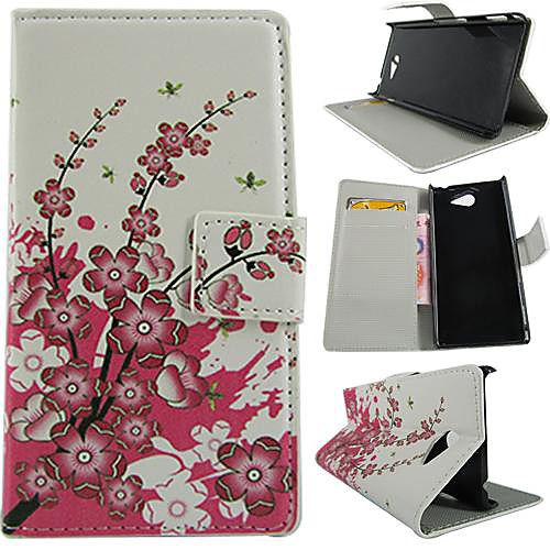 Wallet Style Peach blossom PU Leather Full Body Cover with Stand and Card Slot for Sony Xperia M2/S50H