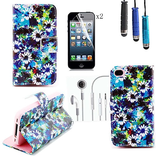 Chrysanthemum PU Leather Cover with Card Slot with Touch Pen and Protective Film 2 Pcs and Headset for iPhone 4/4s