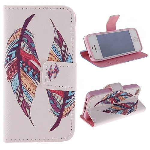 Colored Feather Patterns PU Leather Full Body Cover with Stand and Money Holder for iPhone 4/4S