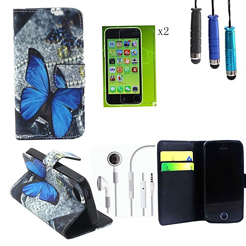 Butterfly Pattern PU Leather Cover with Card Slot with Touch Pen,Protective Film 2 Pcs and Headset for iPhone 5C